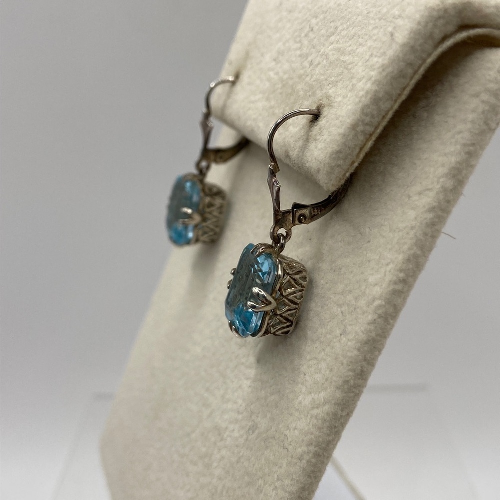 Vintage Sterling Silver 925 Blue Topaz Emerald Cut Lever Back Earrings - Picture 3 of 10